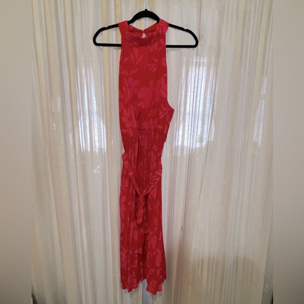 high neck red and pink floral midi dress
